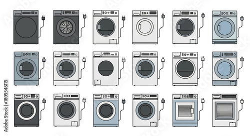 Collection of washing machine illustrations in various colors and designs, arranged in a grid pattern.