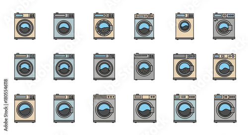 A diverse collection of flat design washing machine icons, featuring various color schemes and subtle stylistic differences for laundry appliances.