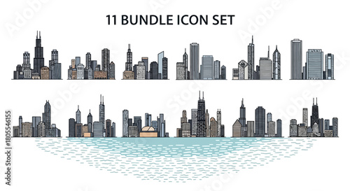 A bundle icon set featuring 11 detailed hand-drawn city skylines and urban landscapes, some with water reflections, on a white background.