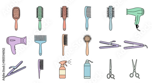 A comprehensive collection of essential hair care tools and styling accessories for personal grooming.
