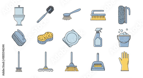 A comprehensive collection of various household cleaning tools and supplies.
