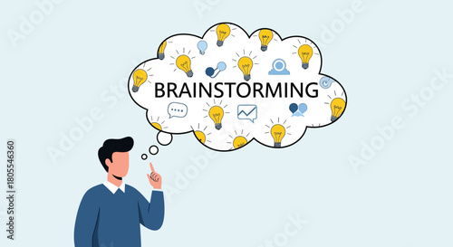 A man brainstorming ideas with a thought bubble filled with lightbulbs and creative icons.