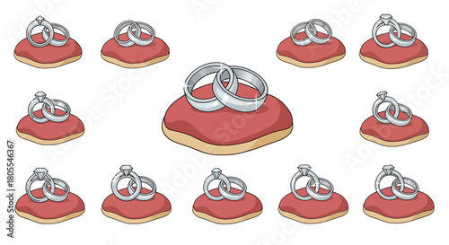 Multiple pairs of silver wedding rings with diamonds on red cushions, arranged in a grid pattern.