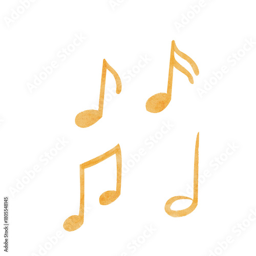 Golden watercolor music notes arranged as separate hand-painted elements isolated on white. Artistic look suitable for festive designs, crafts, stationery, cards, packaging and decorative projects