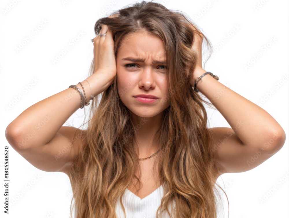 Naklejka premium A girl with long hair is clutching her hair with both hands, wearing a white shirt, and her face shows a very troubled expression