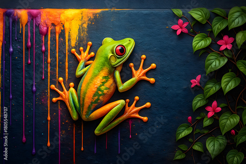 Enchanting Frog on Textured Surface: A vibrant tree frog with striking features perches gracefully on a textured surface, surrounded by playful drippings of color and delicate flowers.