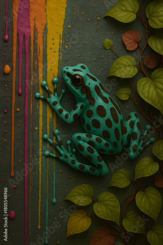 Vibrant frog's adventure: The dynamic illustration features a frog with a striking design, juxtaposed with vivid paint drips and lush foliage that will bring a lively effect.