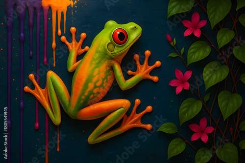 Vibrant Tree Frog: A vividly colored tree frog perches on a textured surface alongside blooming flora, evoking a sense of tropical allure.
