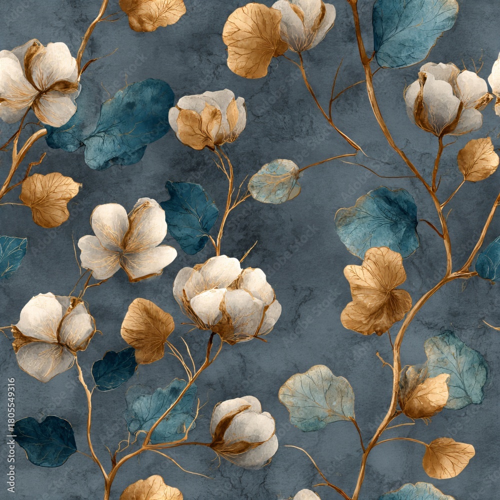 Obraz premium Seamless pattern with delicate white cotton flowers in full bloom and golden leaves on a dark blue textured background for fashion, textile, and wallpaper design.