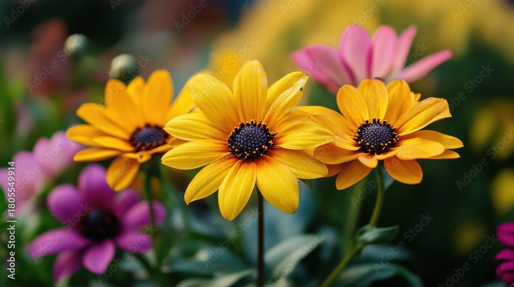 Fototapeta premium Vibrant Yellow and Purple Flowers in Garden Bloom