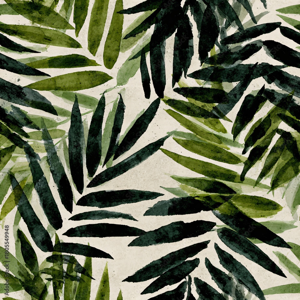 Fototapeta premium Watercolor bamboo leaf seamless pattern with various shades of green. Tropical foliage artwork for wallpaper, fabric, and textile design.