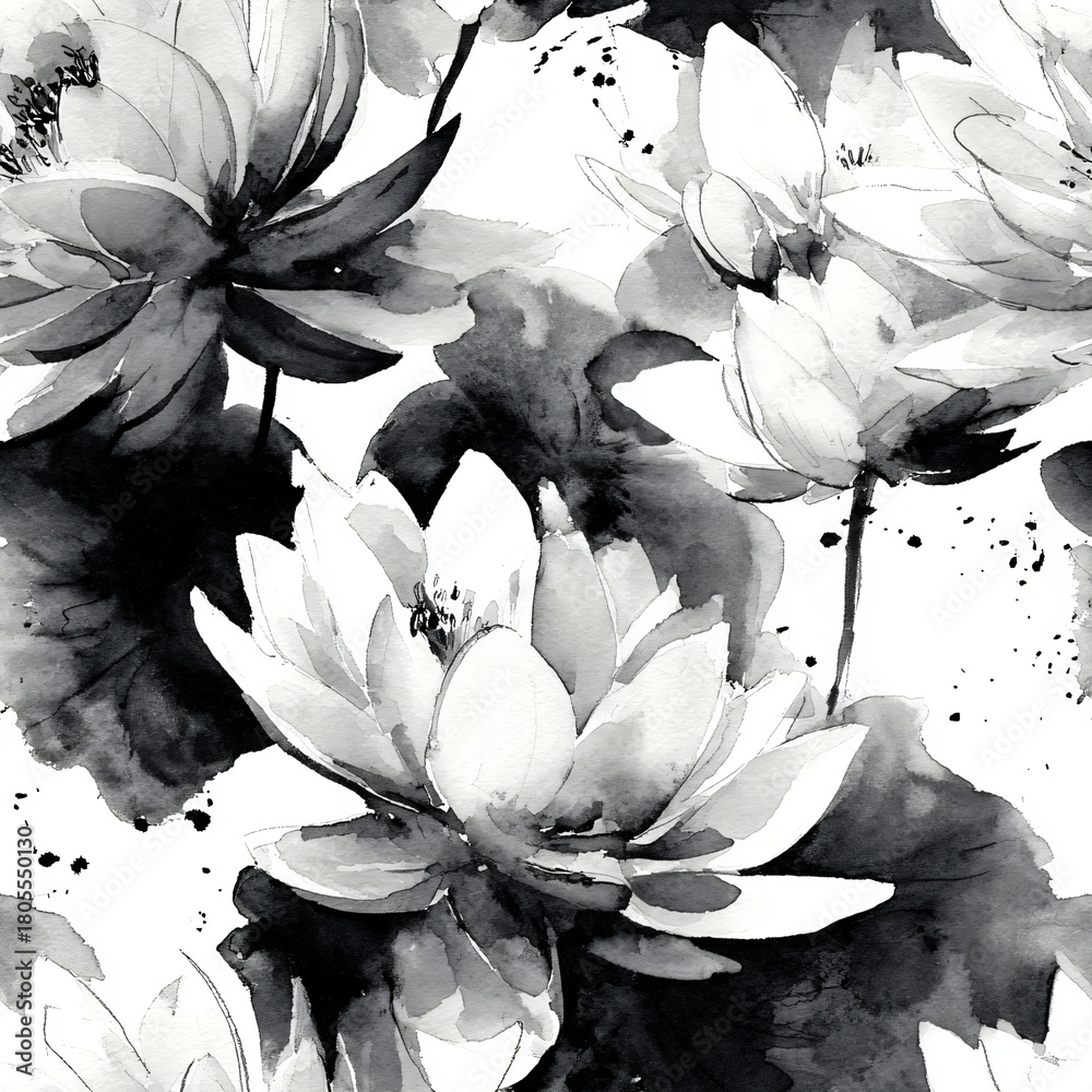 Naklejka premium Watercolor lotus seamless pattern in monochrome. Abstract floral backdrop. Asian blossom zen inspiration.
