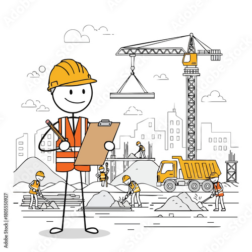 A construction foreman in a hard hat and safety vest reviews plans on a clipboard at a busy construction site with a crane and workers.