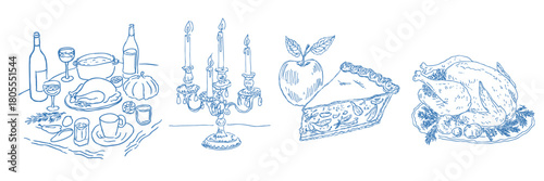 Hand drawn thanksgiving food elements in a vintage doodle illustration set for fall celebration