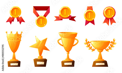 A collection of various award trophies and medals. Includes gold cups, stars, and ribbons. Represents achievement and competition.