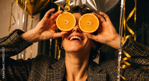 A joyful woman laughs brightly while holding two orange halves over her eyes at a festive party with gold and silver balloons in the background.