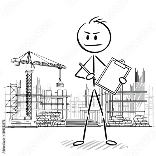 A serious stick figure construction manager stands in front of a construction site, holding a clipboard, overseeing the progress and ensuring quality control.