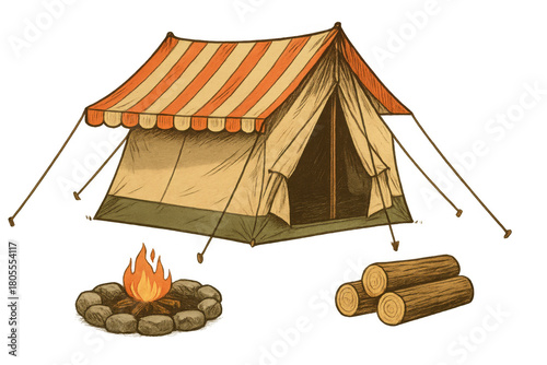 Vintage tent camping illustration featuring campfire, logs, and outdoor recreation on a transparent background
