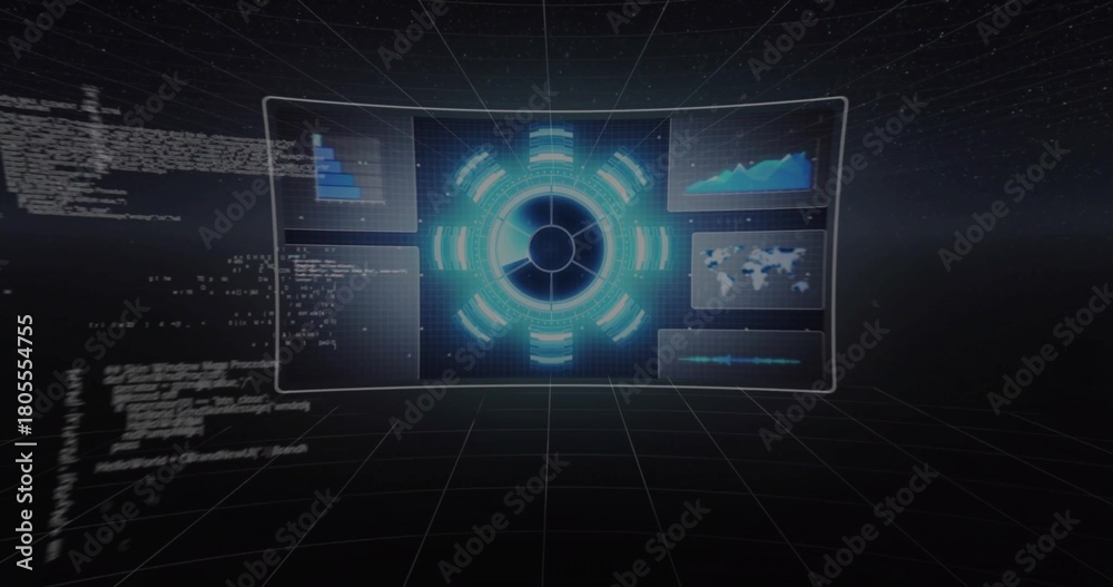 Obraz premium Projecting curved clear console showing central glowing hub data panels code streams in virtual lab
