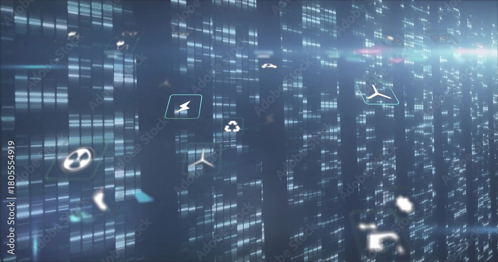 Naklejka premium Glowing vertical data wall showing floating bolt, recycling, wind icons in digital city, UI panels