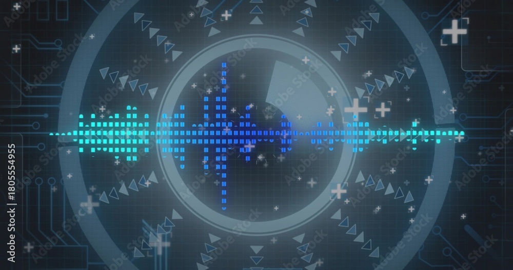 Obraz premium Displaying pixelated waveform with HUD rings on screen, showing grid, circuit lines and particles
