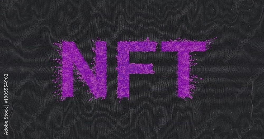 Naklejka premium Displaying bold purple NFT letters spreading particle fragments on dark digital canvas, dotted grid