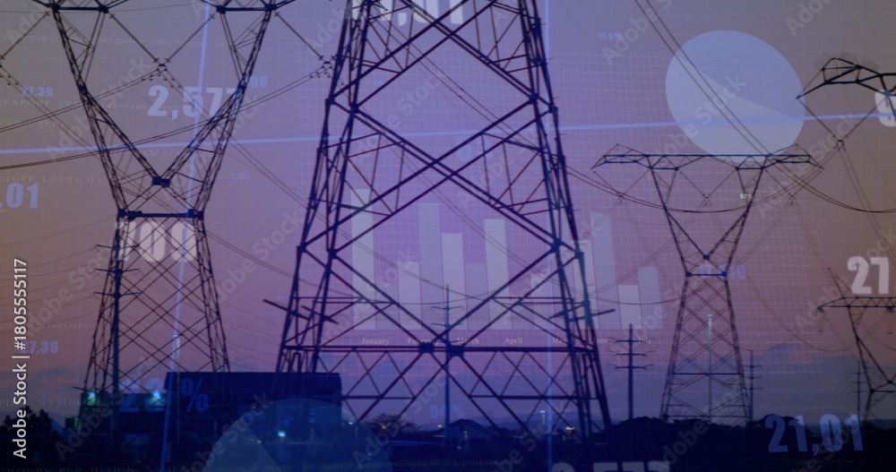 Obraz premium Towering steel lattice tower dominating dusk at power corridor, showing power lines and data charts
