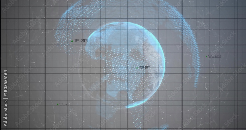Fototapeta premium Displaying holographic globe pulsing in cyan on gray grid background, with numeric labels and arcs