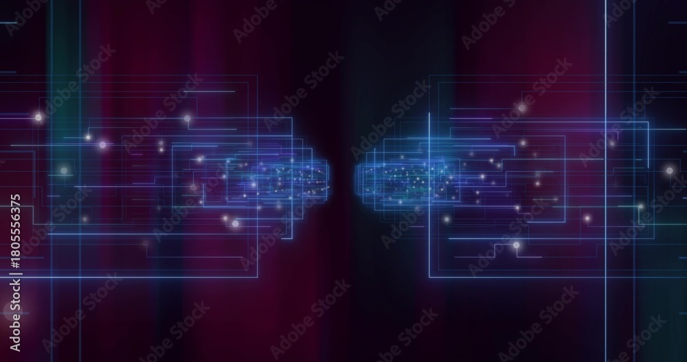 Fototapeta premium Featuring neonblue wireframe rectangles converging inward on maroon gradient with glowing nodes