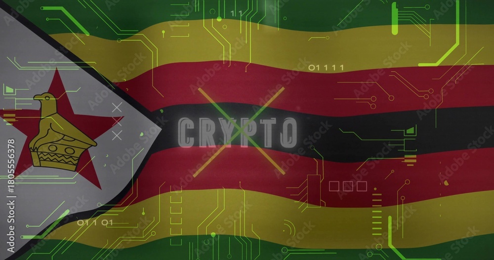 Naklejka premium Displaying Zimbabwe flag filling frame in digital art, showing CRYPTO stencil and neon binary trace