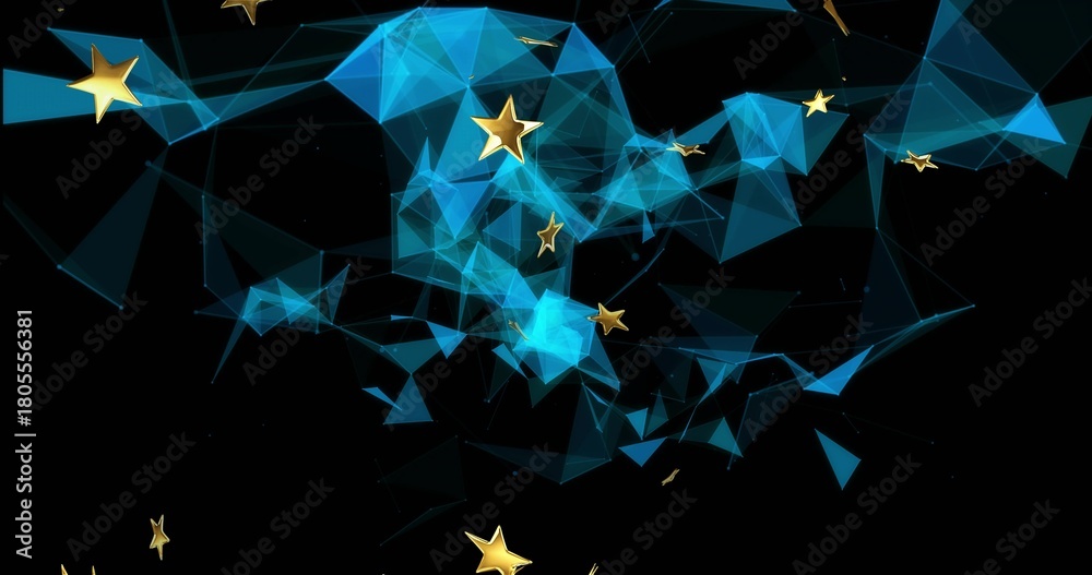 Fototapeta premium Flowing translucent blue polygonal mesh forming 3D ribbon in black void, with golden stars