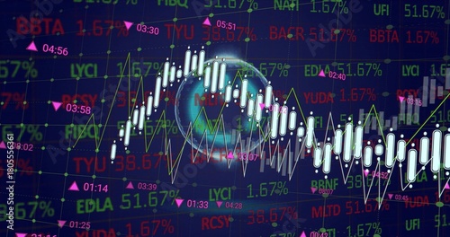 Showing white-teal candlestick arc and line graphs on trading terminal, with globe and tickers