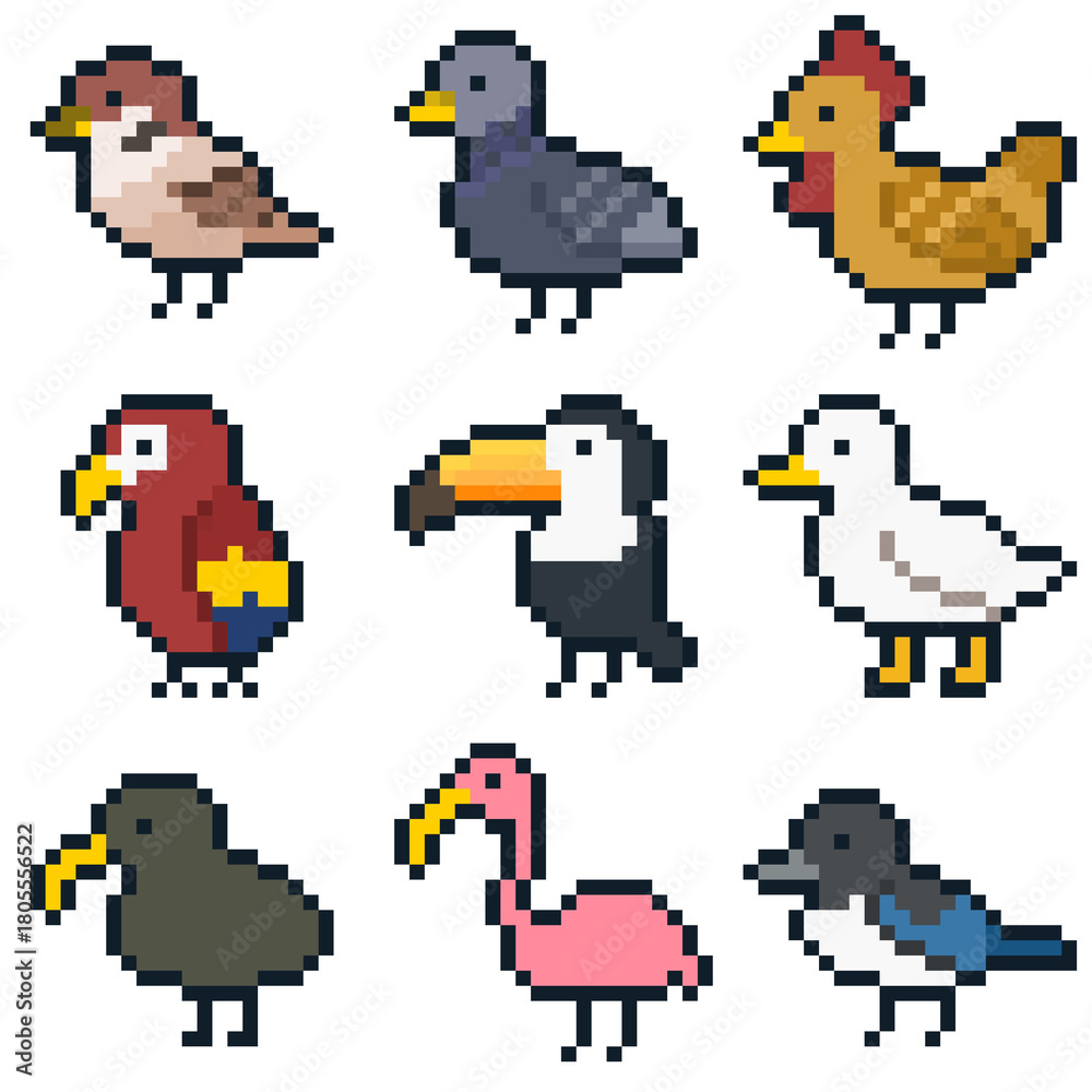 Fototapeta premium 8-bit pixel art various types of bird set
