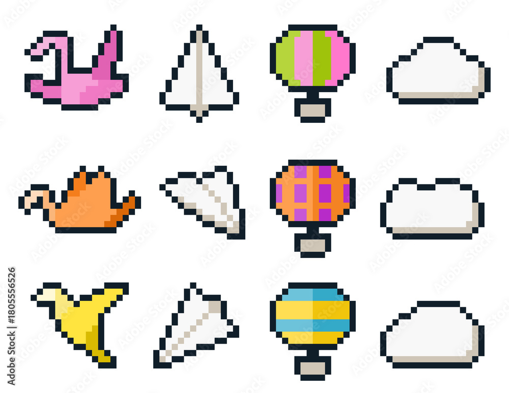Fototapeta premium 8-bit pixel art paper bird, airplane, air balloon and cloud set