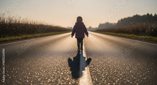 Silhouette of a child walking alone on a quiet rural roadway forward