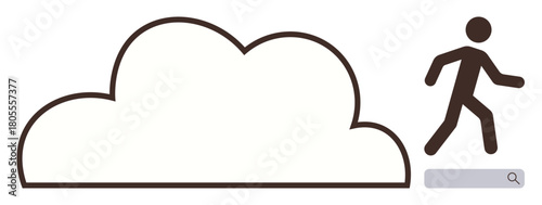 Stick figure walking out of a search bar towards a cloud, symbolizing innovation, online connectivity, cloud computing, and information discovery. Ideal for technology, digital transformation, cloud