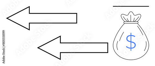 Two arrows pointing toward and away from a sack with a dollar sign representing money transfer or exchange. Ideal for finance, transactions, trade, investment, economy, wealth, banking. Simple flat