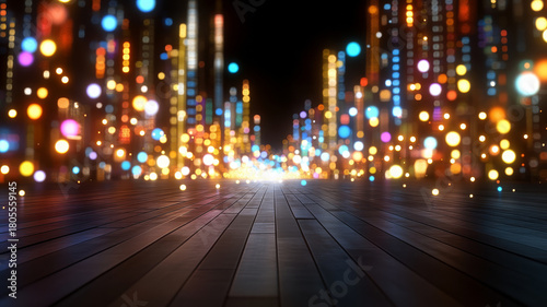 Glowing neon lights cityscape night blurred colorful wooden floor abstract vibrant