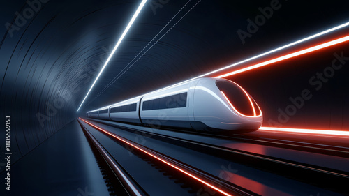Futuristic train speeding through neon lit tunnel, modern transportation, high speed