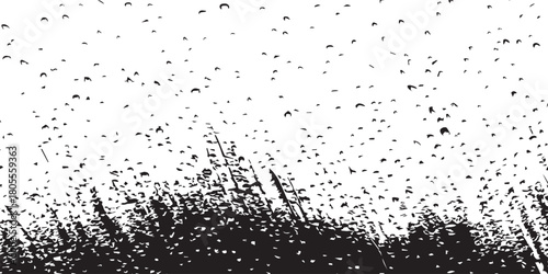This striking black and white vector image captures a dynamic field of dense, textured grass under a flurry of dark shapes scattered against a bright, airy sky
