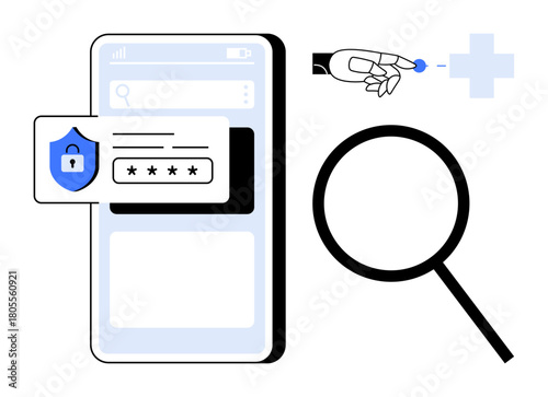 Smartphone with password entry, search magnifier, robotic hand touching data point. Ideal for cybersecurity, digital privacy, technology, data protection, research, innovation simple flat metaphor
