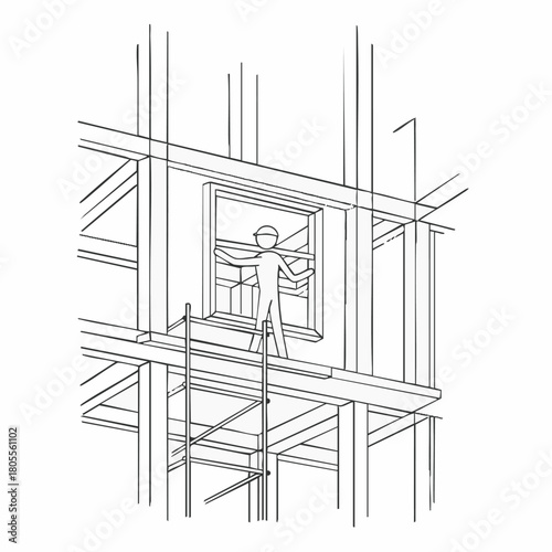 A line drawing depicts a construction worker on scaffolding installing a window frame within the wooden framework of a building under construction.