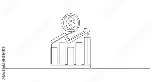 Financial Growth Concept with Money Bag and Upward Arrow,Continuous Line Drawing of Financial Growth and Success,money inflation with increase icon business concept single line art drawing,