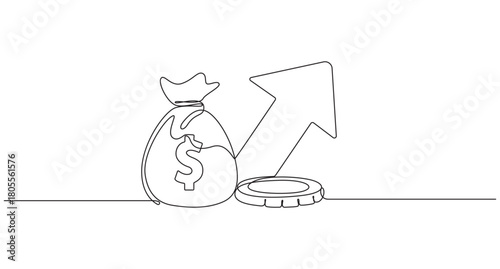 Financial Growth Concept with Money Bag and Upward Arrow,Continuous Line Drawing of Financial Growth and Success,money inflation with increase icon business concept single line art drawing,