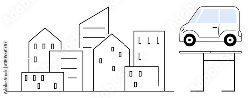 Cityscape featuring geometric buildings alongside a parked car on a raised platform. Ideal for urban planning, sustainability, green energy, innovation, city life, infrastructure, simple flat