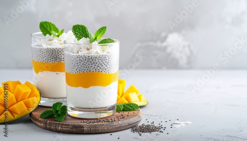 Mango Chia Seed Pudding with Coconut Flakes and Mint Leaves in Glass on Gray Surface with Sliced Mangoes and Modern