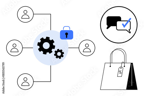 Gears connecting users, secure lock, speech bubbles with checkmark, shopping bag with discount tag. Ideal for teamwork, security, communication, e-commerce, collaboration marketing and strategy