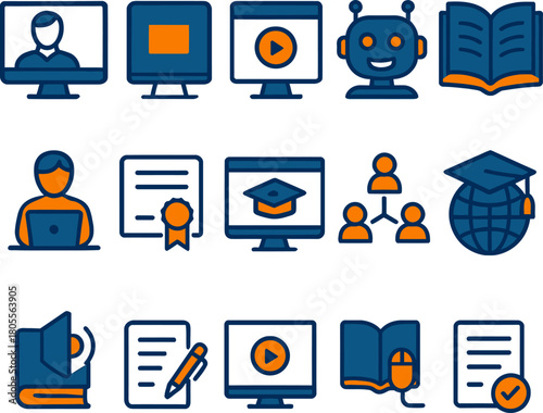 Online education icons depicting e Learning resources and digital educational technology solutions