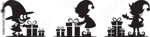 Christmas elves silhouette vector illustration holiday gifts presents xmas art