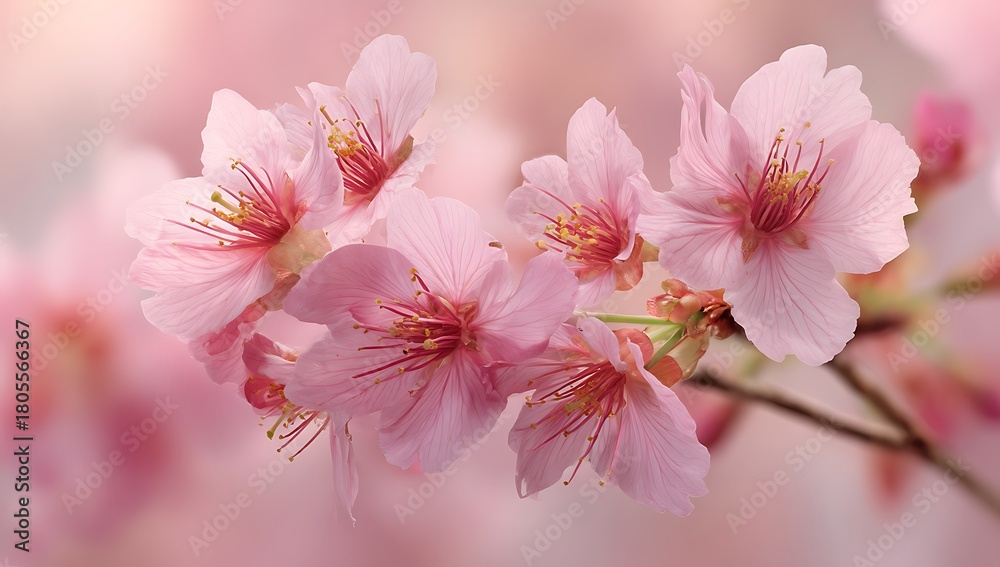 Fototapeta premium Delicate Pink Cherry Blossoms in Full Bloom Against Softly Blurred Background Evoking Serenity and Springtime Beauty Close Up Displaying Intricate Details of Petals and Stamens